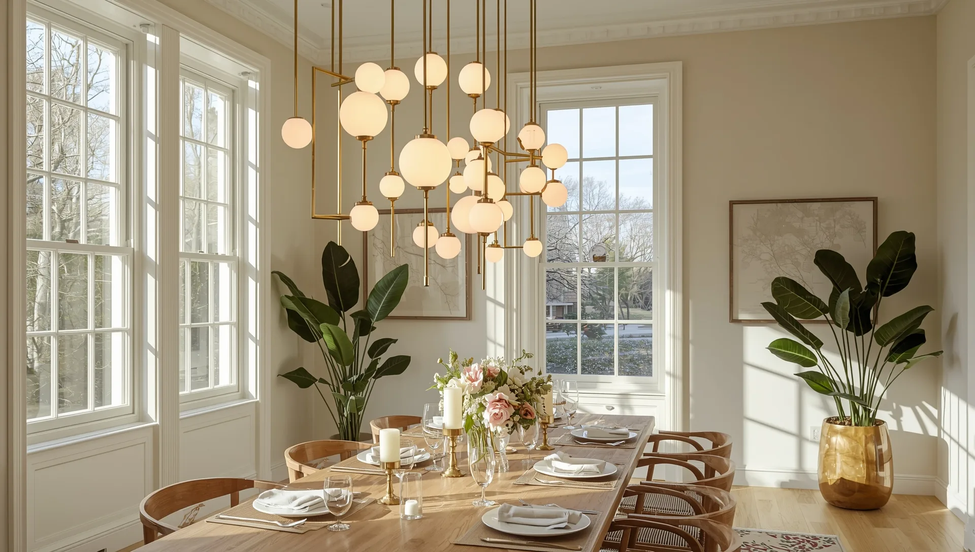 Cluster of opal glass globe pendants with brass stems above an elegant dining table in bright daylight