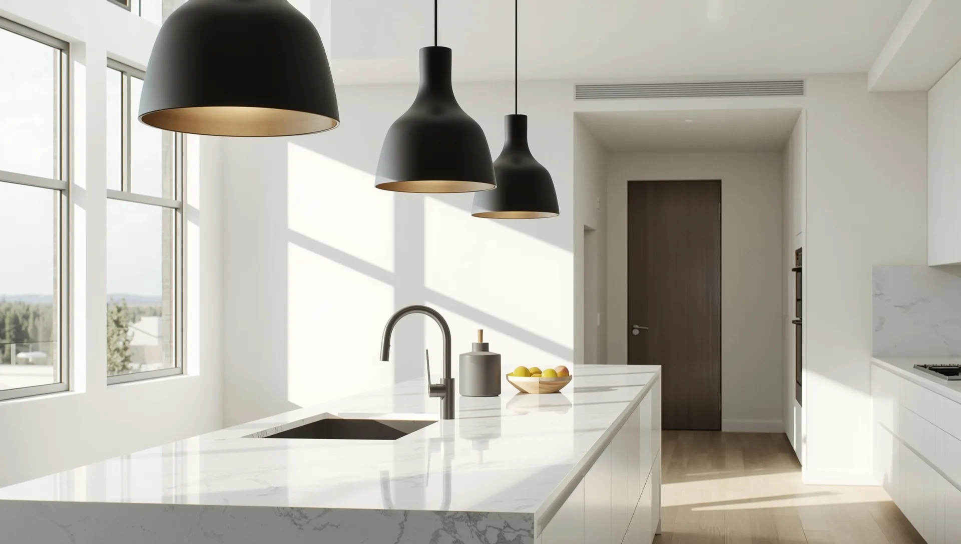 Three matte black cone pendant lights throwing crisp downlight over a bright modern kitchen island