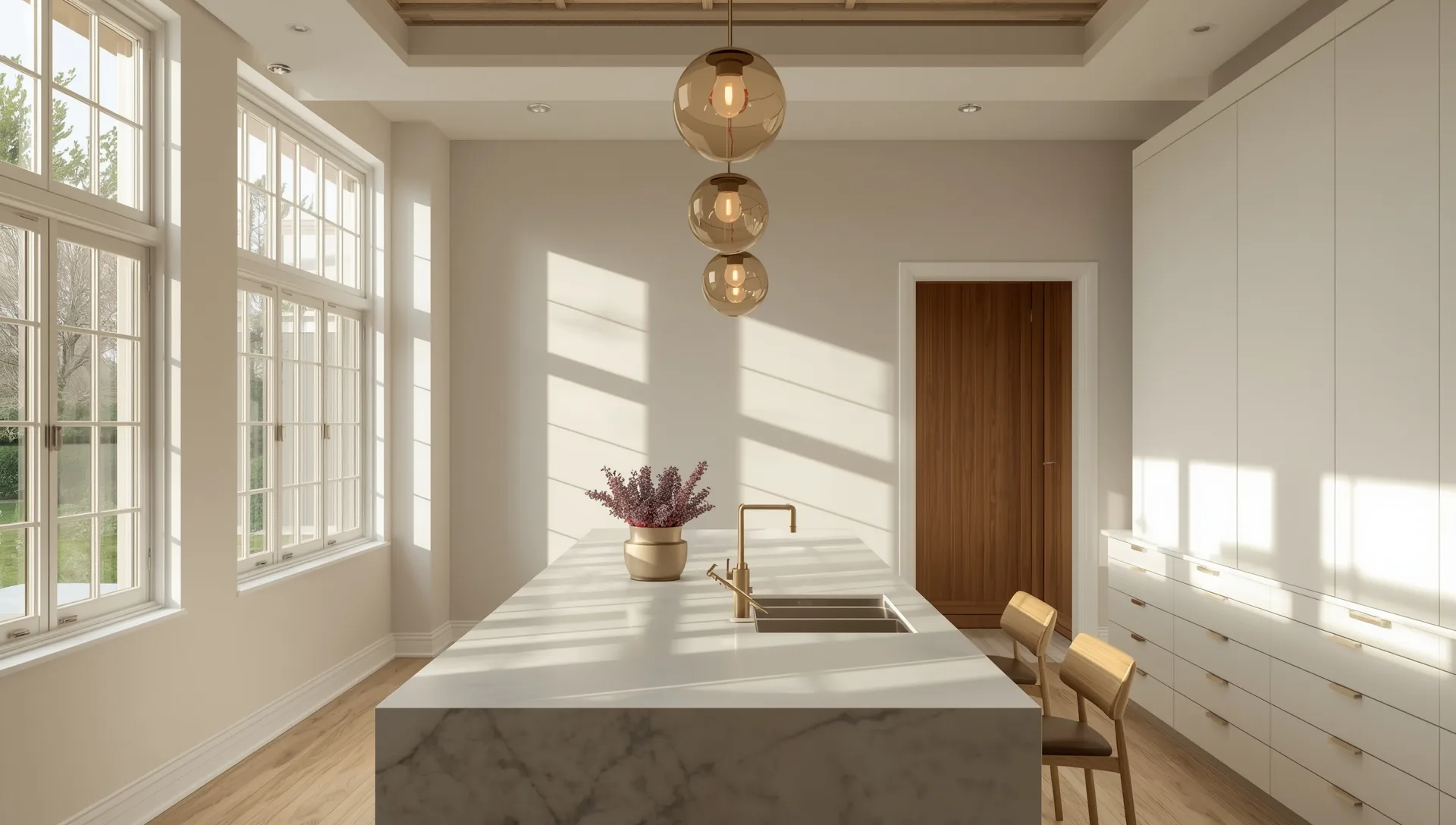 Three warm brass frosted glass bubble pendants glowing over a bright white marble kitchen island in morning sunlight