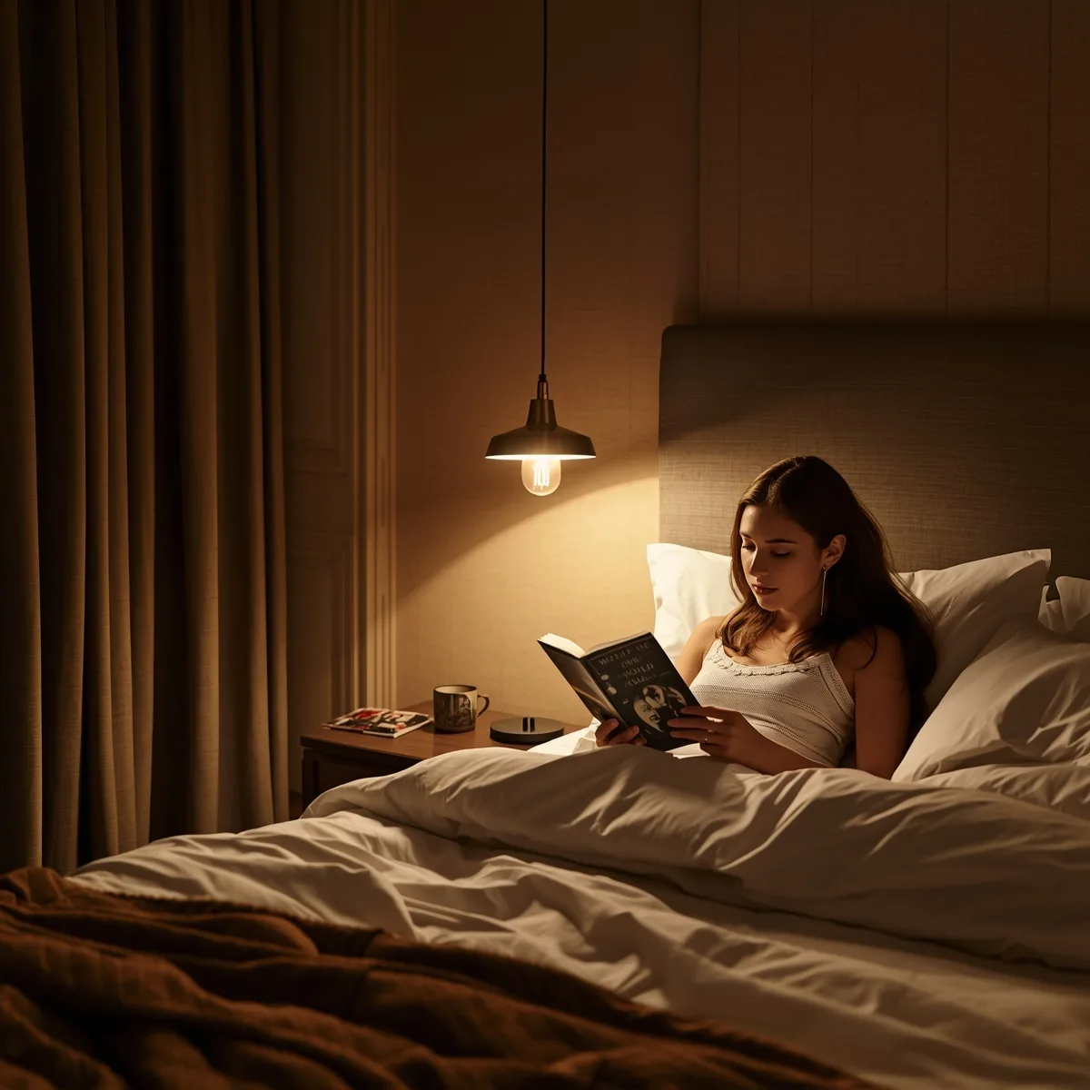 Woman reading in bed with a pendant light above the nightstand