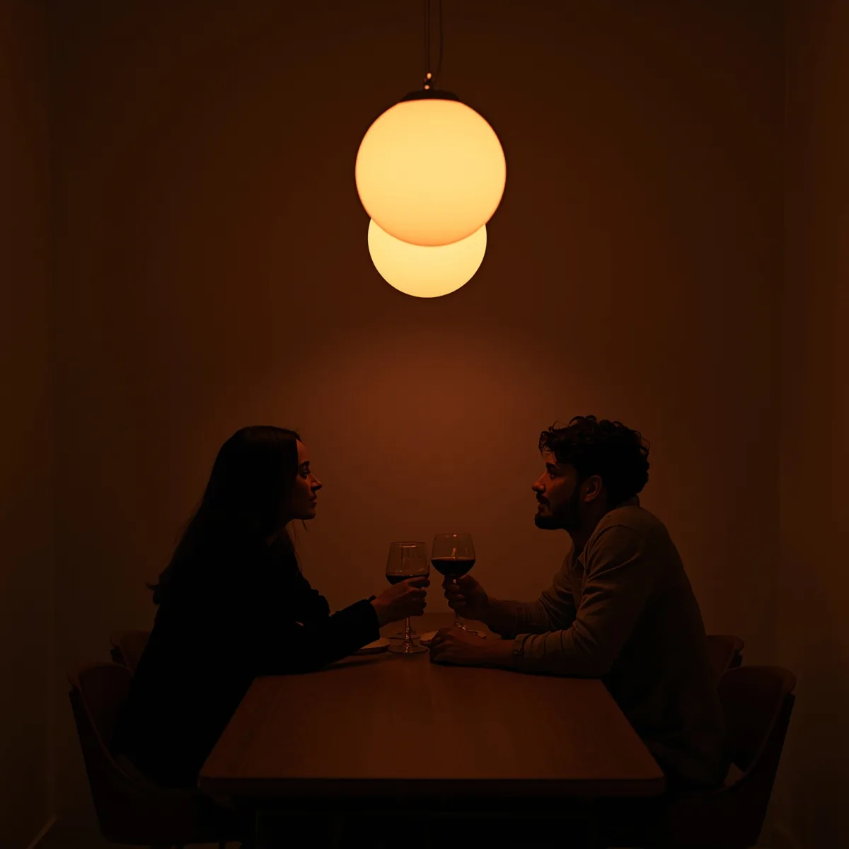 Couple sharing wine at a dining table under warm globe pendants