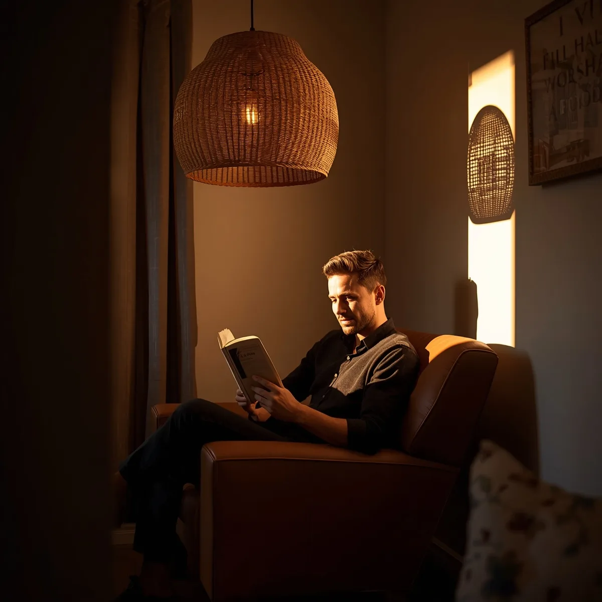 Man reading in an armchair beside a low-hung pendant light