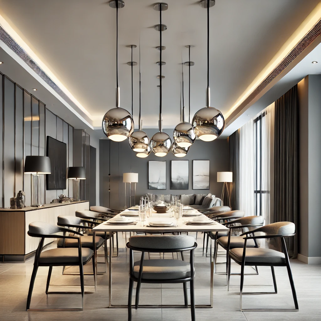 02 - Modern Aesthetic Dining Room With Sleek Metal Pendant Lights