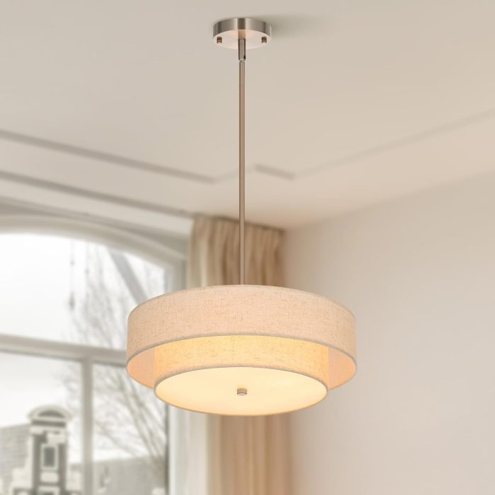 2 Layer Fabric Shade E26 Base Light Drum Chandelier brush nickel