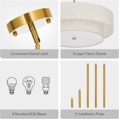 2 Layer Fabric Shade E26 Base Light Drum Chandelier gold details