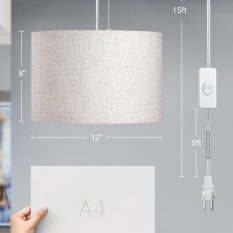 Hanging Light Fixture Beige Linen Shades Plug-in Design 2