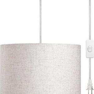 Hanging Light Fixture Beige Linen Shades Plug-in Design